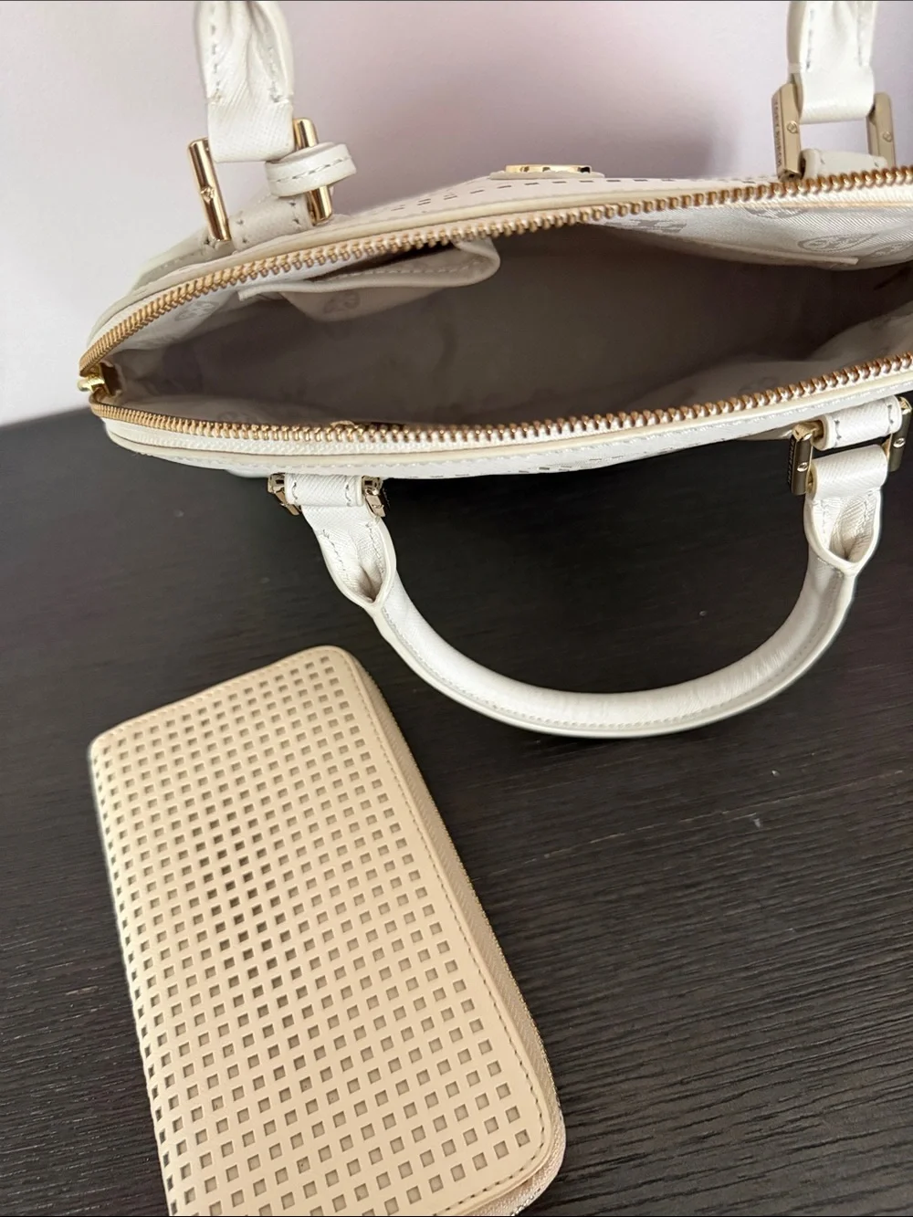 Tory Burch Cream Perforated Dome Satchel with Matching Wallet